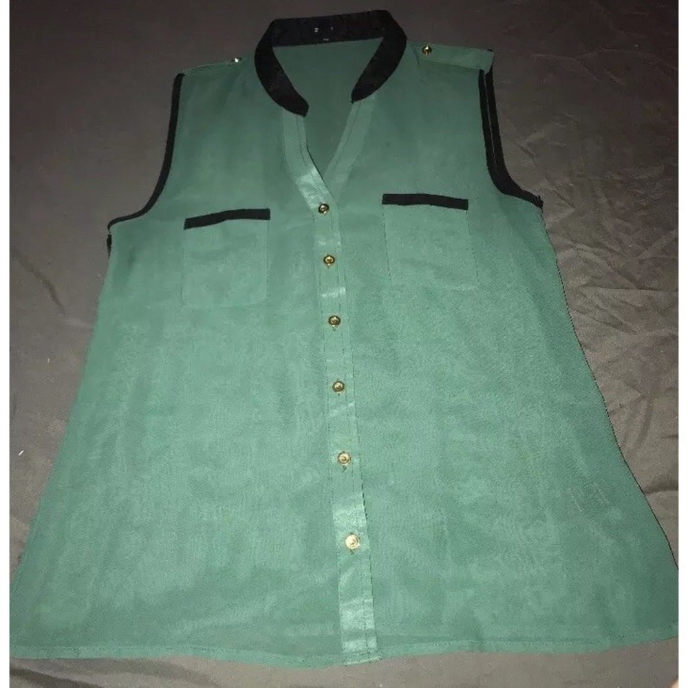 Mine Women's Sz Small Green Black‎ Sheer Button down Blouse Shirt Sleeveless